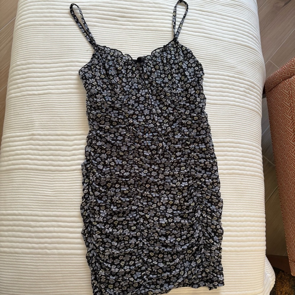 H&M Floral Black Blue and White Ruched Mesh Women's Dress